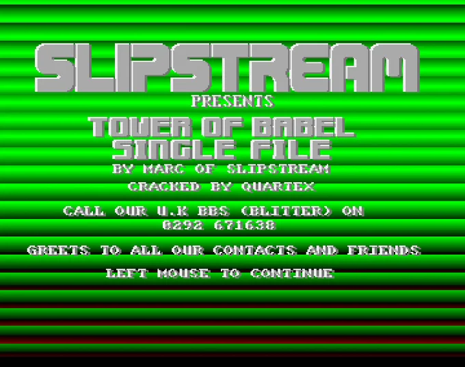Screenshot of "Tower of Babel" - Intro Hack: Slipstream - Published by Rainbird on Commodore Amiga (1990)