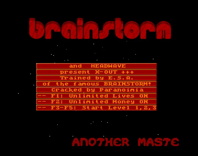 Screenshot of "X-Out" - Trainer ( 5): Brainstorm - Headwave - Published by Rainbow Arts on Commodore Amiga (1990)