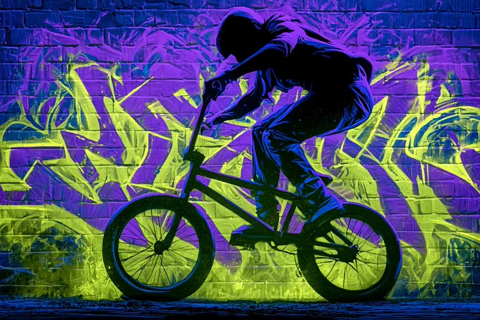 An urban graffiti glow silhouette of a BMX rider, with a bold outline against a backdrop of vibrant ultraviolet and neon-yellow graffiti art on a brick wall. The scene should have a gritty, urban feel --ar 3:2 --v 8.1 