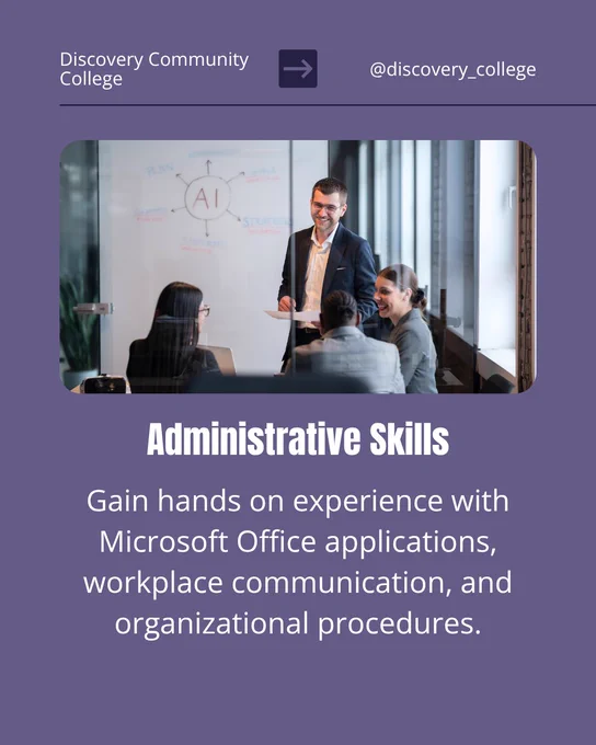 A group of professionals participate in a workplace meeting while text highlights administrative skills, communication, Microsoft Office applications, and organizational procedures within a business office environment.
