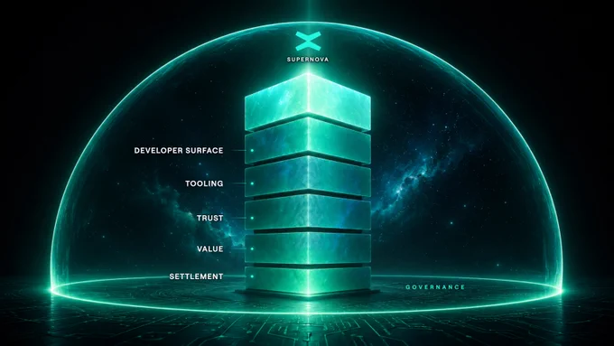 A glowing, layered structure labeled with concepts like "Trust" and "Governance" is set against a cosmic background, implying technological advancement.