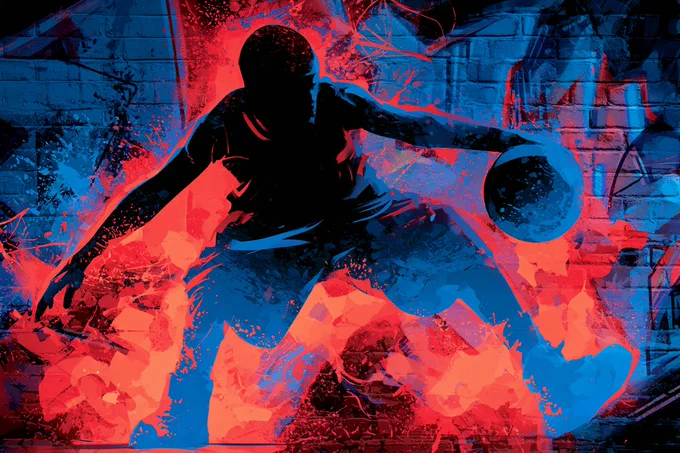 An urban graffiti glow silhouette of a basketball player, with a bold outline against a backdrop of vibrant crimson and indigo graffiti art on a brick wall. The scene should have a gritty, urban feel --ar 3:2 --v 8.1