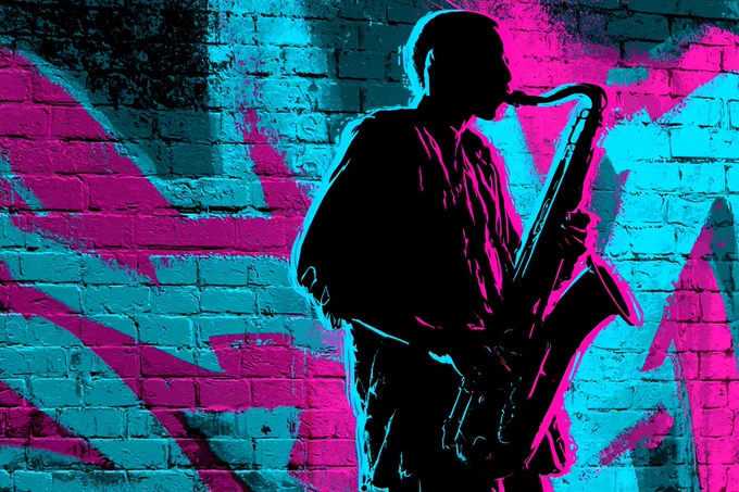 An urban graffiti glow silhouette of a saxophonist, with a bold outline against a backdrop of vibrant cyan and magenta graffiti art on a brick wall. The scene should have a gritty, urban feel --ar 3:2 --v 8.1