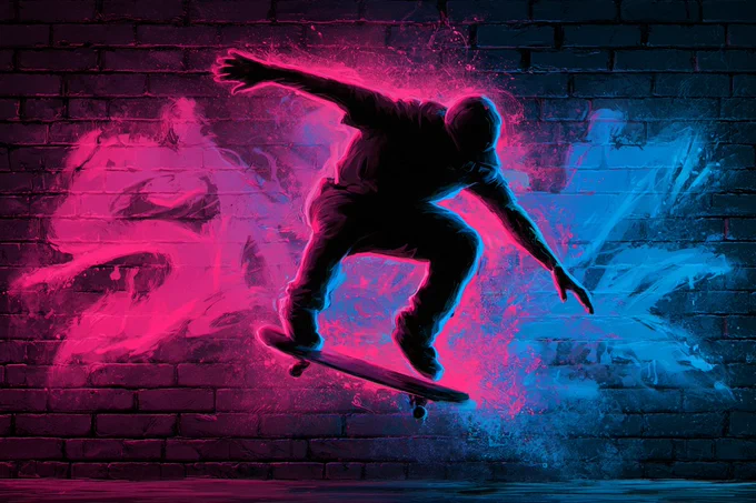 An urban graffiti glow silhouette of a skateboarder, with a bold outline against a backdrop of vibrant neon-pink and electric-blue graffiti art on a brick wall. The scene should have a gritty, urban feel --ar 3:2 --v 8.1
