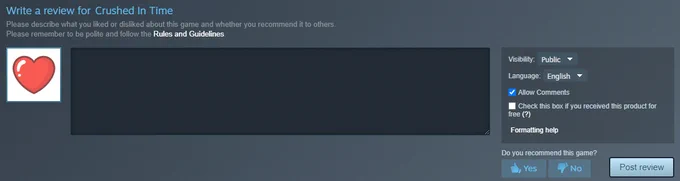 The Steam Review interface for Crushed In Time