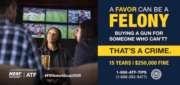 Three people watching multiple sports games on TV in a bar, with a message warning that buying a gun for someone who can't legally own one is a crime.