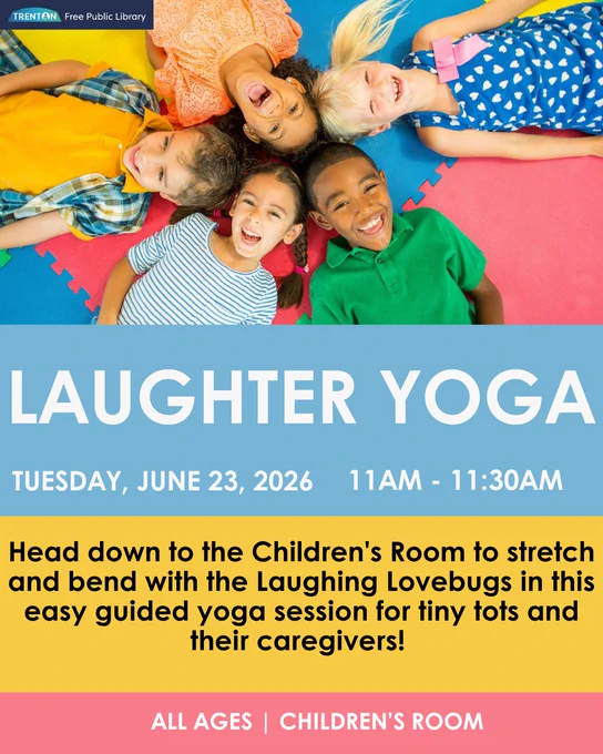 Four children lying in a circle on colorful foam mats, smiling and laughing during a yoga session at the library.