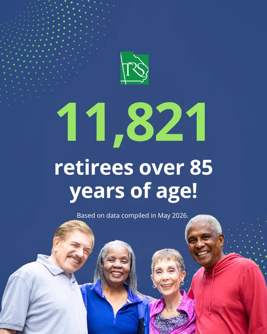 Blue TRS membership statistic graphic with white and green text and a group of retirees smiling.