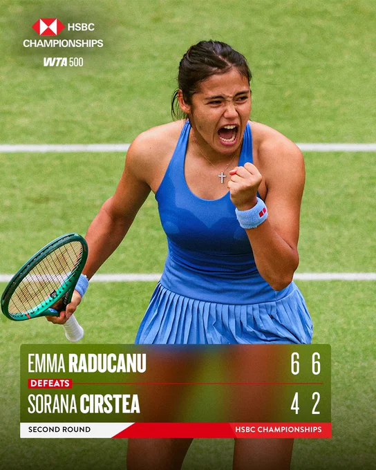 Graphic showing Emma Raducanu beat Sorana Cirstea 6-4, 6-2
