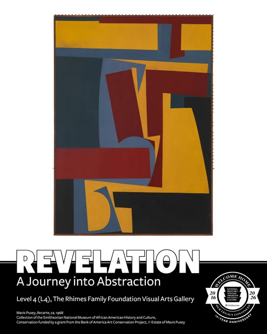 Graphic for 'Revelation: A Journey into Abstraction' on view at the National Museum of African American History and Culture, featuring a large abstract painting with geometric shapes in shades of yellow, black, red, green, and blue.