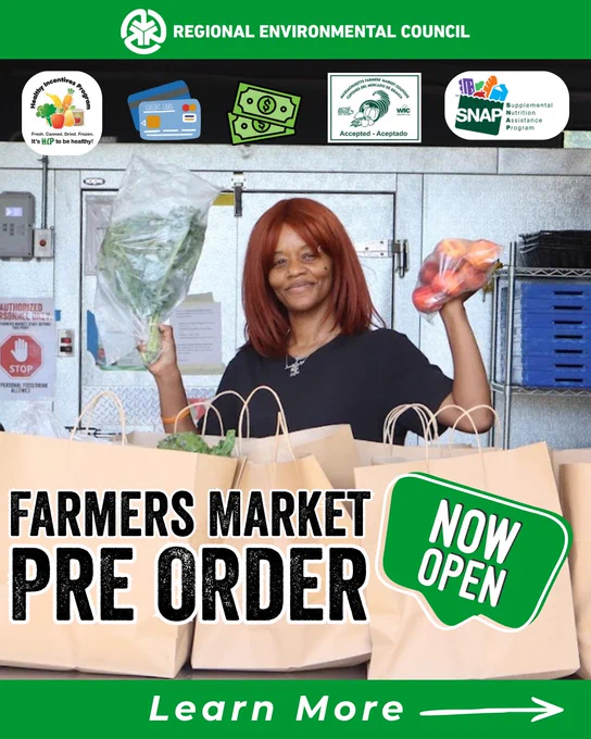 The Regional Environmental Council's Farmers Market Pre Order is Now Open! 

We accept benefits from the Healthy Incentives Program (HIP), the Supplementary Nutritional Assistance Program (SNAP), Cash, Card, & WIC/Senior coupons. 

Continue to the next image to learn more. 