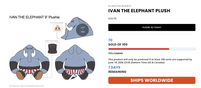 The Gimme Swag campaign page for the Ivan The Elephant plush, at 70 pledges out of 100 needed for the plush to be funded.

#furry #sonicoc #infestedsoniccomic #elephants #anthroart