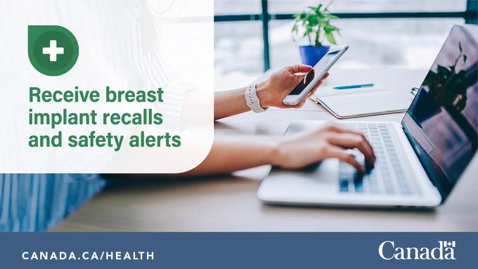 Person at desk with laptop and smartphone. Green medical plus icon shown with text on left side. Text says receive breast implant recalls and safety alerts.