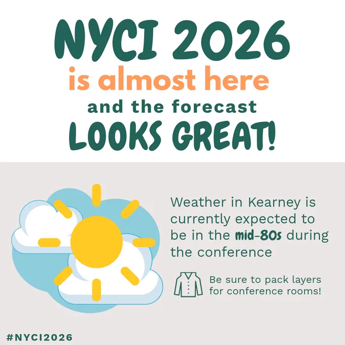 NYCI 2026 conference forecast shows mid-80s temperatures in Kearney with sunny skies and a reminder to pack layers.