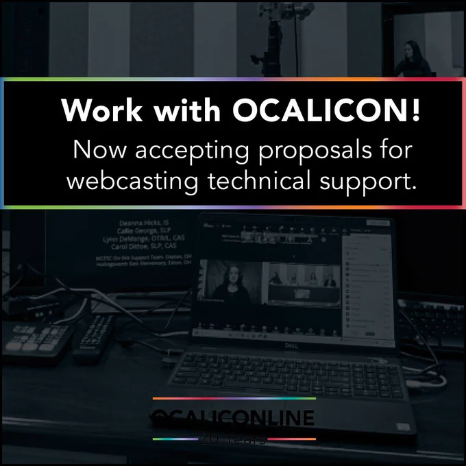A subtle watermark photo is in the background, displaying computer and tech gear. Header says, "Work with OCALICON!" The subheader says, "Now accepting proposals for webcasting technical support." The 20th anniversary logo is at the bottom.