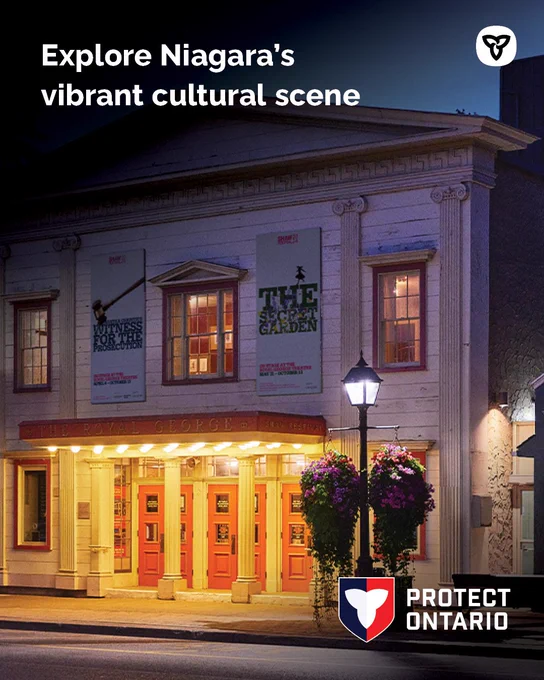 Exterior view of a historic theatre building at night, illuminated by warm lights. Text: Explore Niagara’s vibrant cultural scene.