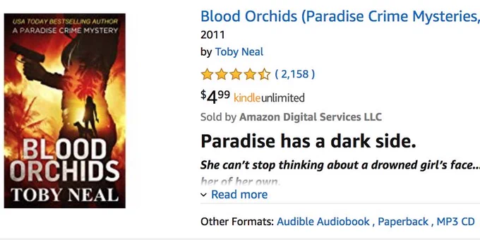 Toby Neal's book "Blood Orchids" is shown on Amazon, where it has over 2,100 reviews averaging 4.5 stars.