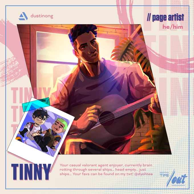 An artist preview of Phoenix from VALORANT by Riot Games.
The introduction reads as follows: Tinny (he/him), page artist with the following bio: "Your casual valorant agent enjoyer, currently brain rotting through several ships… head empty… just ships… Your favs can be found on my twt! @dyohtea"