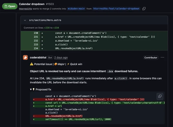 Captura de GitHub mostrando una Pull Request llamada “Calendar dropdown”, donde CodeRabbit comenta automáticamente un posible problema en el código: la URL del archivo .ics se revoca demasiado pronto y podría fallar la descarga. El bot propone una solución con setTimeout, haciendo de reviewer incansable que no necesita café, pero probablemente lo juzga.