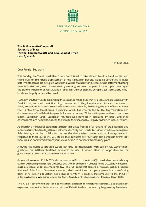 Screengrab 1 of letter by MPs and Peers to Foreign Secretary Yvette Cooper regarding Great Israeli Real Estate Event in London.