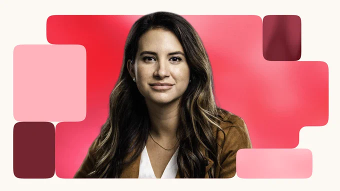 Portrait of a speaker from the WorkLab podcast against a red and pink geometric background.