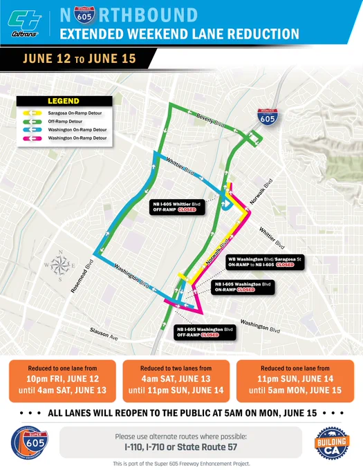 Flyer / map for I-605 lane reductions. 