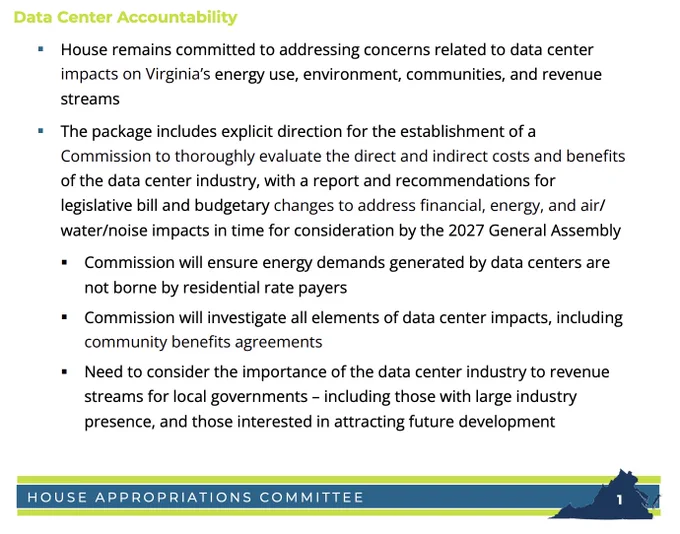 Data Center Accountability
 House remains committed to addressing concerns related to data center impacts on Virginia’s energy use, environment, communities, and revenue streams
 The package includes explicit direction for the establishment of a
Commission to thoroughly evaluate the direct and indirect costs and benefits of the data center industry, with a report and recommendations for legislative bill and budgetary changes to address financial, energy, and air/water/noise impacts in time for consideration by the 2027 General Assembly
 Commission will ensure energy demands generated by data centers are not borne by residential rate payers
 Commission will investigate all elements of data center impacts, including community benefits agreements
 Need to consider the importance of the data center industry to revenue streams for local governments – including those with large industry presence, and those interested in attracting future development