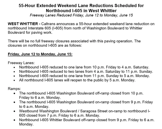 News release: Northbound I-605 weekend lane reductions. 