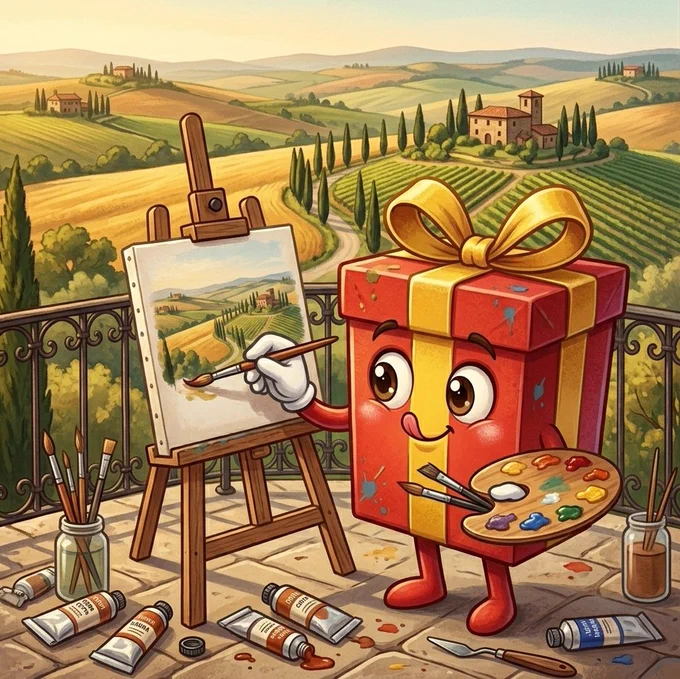World of Gifts mascot, Gifti, acting as an artist on a balcony overlooking a scenic Mediterranean landscape with rolling hills and vineyards. The red gift box character holds a wooden palette and a paintbrush, carefully painting the view onto an easel. This illustration symbolizes the upcoming 'Community Race Architect' feature, where users can design and 'paint' their own interactive reward routes on the Solana blockchain