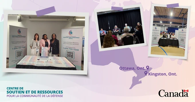 fr: Montage de trois photos des activités du Centre de soutien et de ressources pour la communauté de la Défense. À gauche : trois membres du personnel à une table d’information. Au centre : discussion en panel avec public. À droite : kiosque dans un gymnase. Carte indiquant Ottawa et Kingston (Ontario) et logo du Canada.
