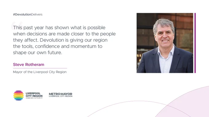 Steve Rotheram, Mayor of Liverpool City Region, in a suit speaking about devolution's impact on local decision-making and regional growth.