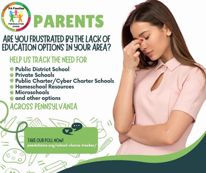 Infographic urging parents in Pennsylvania to express frustration over limited education options. Includes a call to action with a woman contemplating.