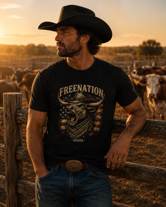 Cowboy wearing a black FreeNation Designs longhorn bull t-shirt while standing beside a wooden fence on a Texas-style cattle ranch at sunset with longhorn cattle in the background.