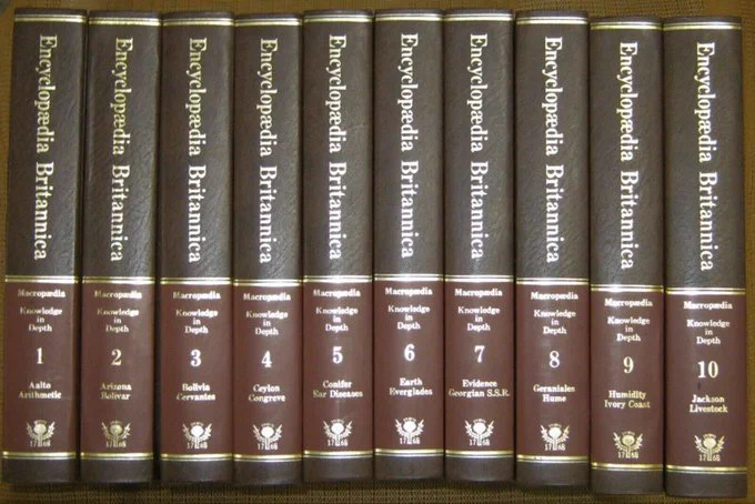 Encyclopedia Britannica volumes on a shelf