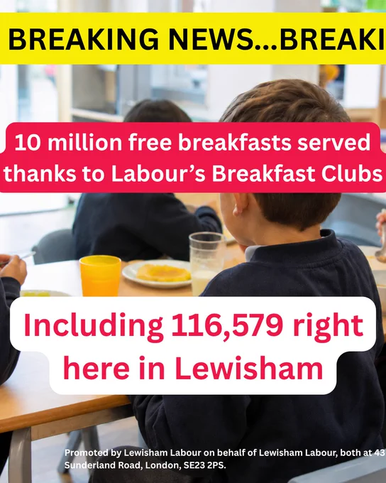 Children in school uniforms sit at a table eating breakfast in a school cafeteria. Large text over the image reads: “BREAKING NEWS… 10 million free breakfasts served thanks to Labour’s Breakfast Clubs, including 116,579 right here in Lewisham.”
