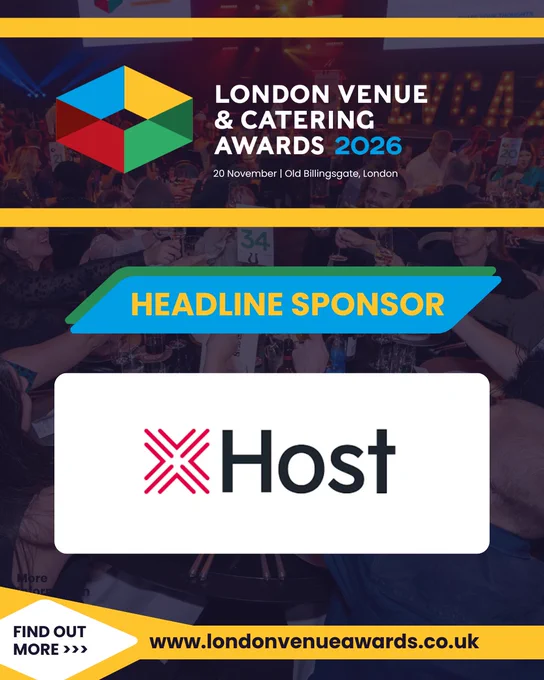 Promotional banner for the London Venue & Catering Awards 2026 with details about the headline sponsor 'Host'. The event will be held on 20 November at Old Billingsgate, London.
