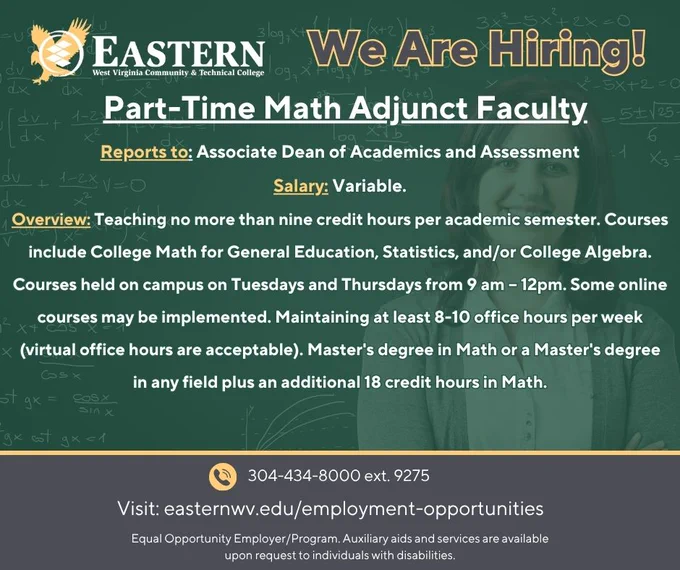 The image is a job advertisement for Eastern West Virginia Community & Technical College. It announces a "We Are Hiring!" opportunity for a Part-Time Math Adjunct Faculty position. Key details include reporting to the Associate Dean of Academics and Assessment, with variable salary and duties involving teaching a specified number of credit hours. Office hours are required on campus. Qualifications include a Master's degree in Math or Math-related field. Contact information and a website link are provided.