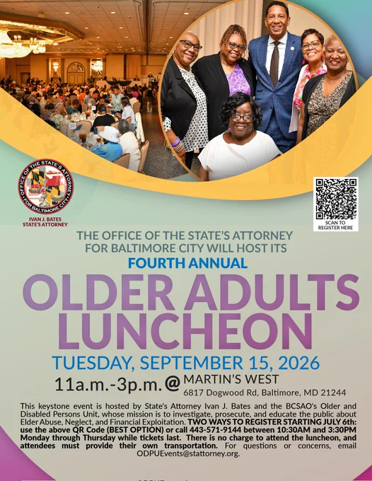 Older adults luncheon, tuesday September 15 11am to 3pm at Martin's West on 6817 Dogwood Road Baltimore MD 21244