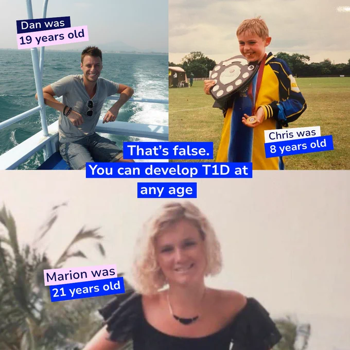 Three-image collage showing people at different ages—19, 8, and 21—each labelled with their age at type 1 diabetes diagnosis, with text stating it can develop at any age.