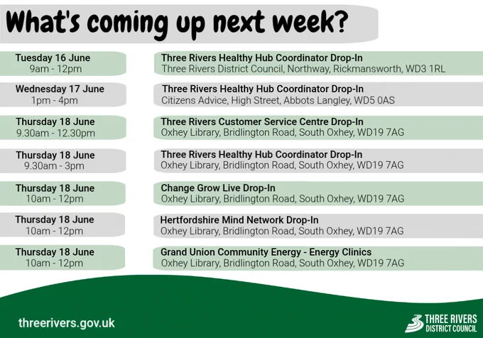 Table providing information on what's coming up next week. On Tuesday at the Rickmansworth Healthy Hub there is a drop-in session with Three Rivers Healthy Hub Coordinator. On Wednesday at the Abbots Langley Healthy Hub there is a drop-in session with Three Rivers Healthy Hub Coordinator. On Thursday at the South Oxhey Healthy Hub there are drop-in sessions with Three Rivers Customer Service Centre, Three Rivers Healthy Hub Coordinator, Change Grow Live, Hertfordshire Mind Network and Grand Union Community Energy.