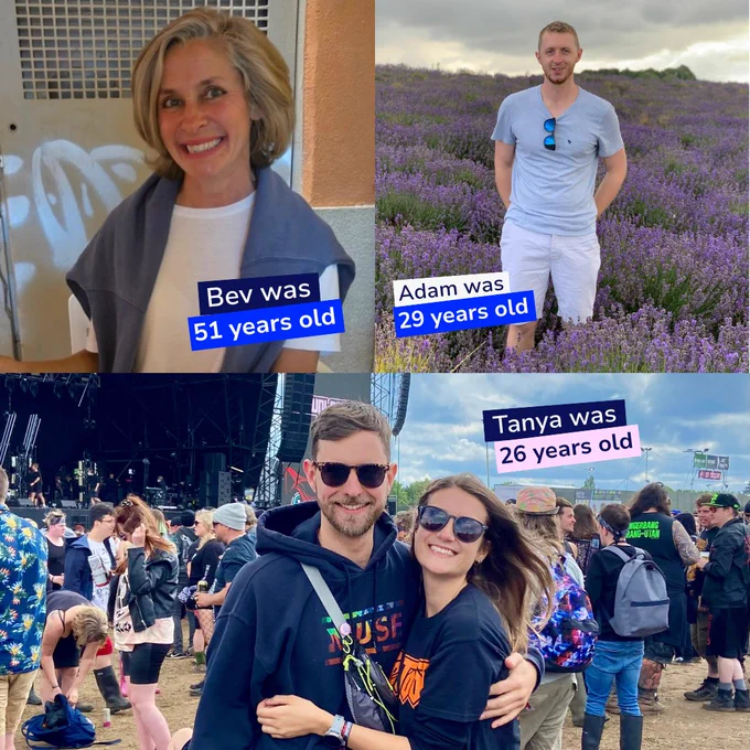 Four-photo collage showing people in different settings, labelled with ages 51, 29, and 26 at type 1 diabetes diagnosis, highlighting that it can be diagnosed in adulthood.