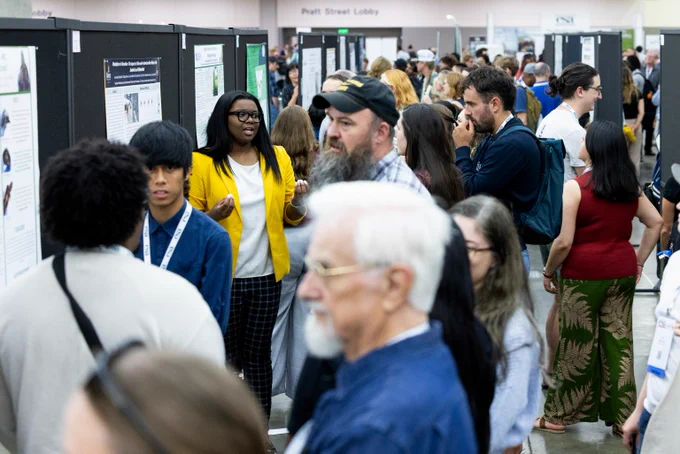 Ecologists of all career stages and disciplines review poster presentations at the 2025 ESA Annual Meeting in Baltimore