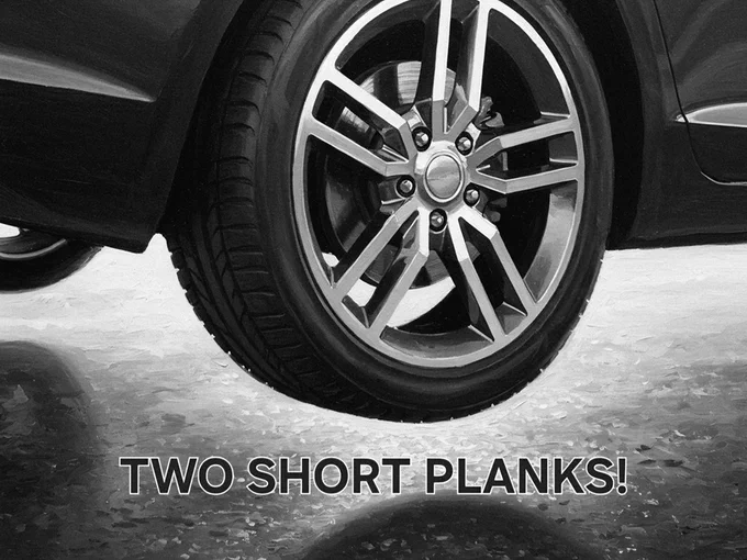 A car whose wheels aren't touching the ground and the words Two Short Planks.