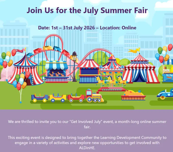 An illustration of a colourful fairground for ALDinHE community to attend online in JUly. 