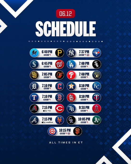 June 12th Schedule
All Times ET

Marlins vs. Pirates, 6:40 PM, MLB.TV
Mariners vs. Nationals, 6:45 PM, MLB.TV
Padres vs. Orioles, 7:05 PM, MLB.TV
Tigers vs. Guardians, 7:10 PM, MLB.TV
Rangers vs. Red Sox, 7:10 PM, MLB.TV
D-backs vs. Reds, 7:15 PM, Apple TV Varilux
Braves vs. Mets, 7:15 PM, Apple TV Goodyear
Yankees vs. Blue Jays, 7:37 PM, MLB.TV, MLB Network
Dodgers vs. White Sox, 7:40 PM, MLB.TV
Phillies vs. Brewers, 7:40 PM, MLB.TV
Astros vs. Royals, 8:10 PM, MLB.TV
Cardinals vs. Twins, 8:10 PM, MLB.TV
Rays vs. Angels, 9:38 PM, MLB.TV
Rockies vs. A's, 10:05 PM, MLB.TV
Cubs vs. Giants, 10:15 PM, MLB.TV, MLB Network