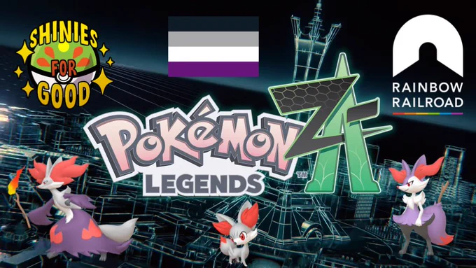 A very crowded thumbnail image with the Pokemon Legends Z-A logo in the center. Clockwise starting from the top left is the Shinies for Good logo, the Ace Pride flag, the Rainbow Railroad logo, shiny Braixen, shiny Fennekin, and shiny Delphox