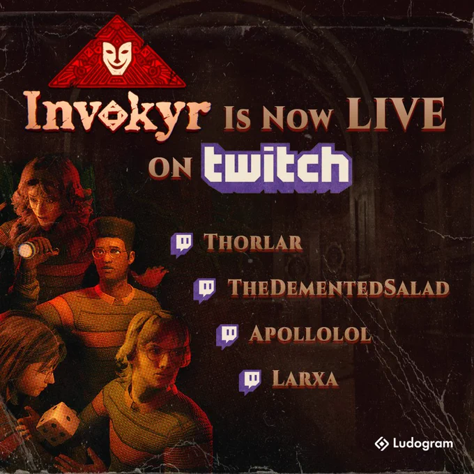 Promotional image for Invokyr announcing Live on twitch, featuring Thorlar, TheDementedSalad, Apollol and Larxa