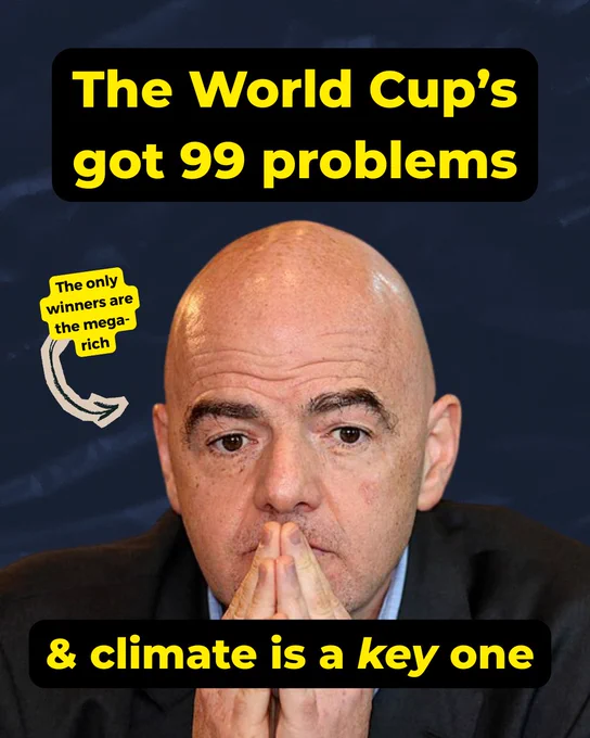 Blue background, photo of Gianni Infantino, FIFA's President, with his hands over his mouth. Text says 'The World Cup's got 99 problems and climate is a key one'.
