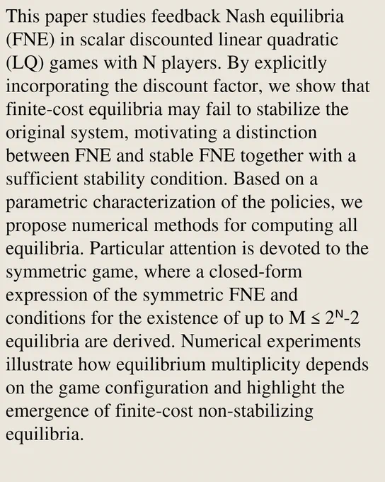 This paper studies feedback Nash equilibria (FNE) in scalar discounted linear quadratic (LQ) games with N players. By explicitly incorporating the discount factor, we show that finite-cost equilibria may fail to stabilize the original system, motivating a distinction between FNE and stable FNE together with a sufficient stability condition. Based on a parametric characterization of the policies, we propose numerical methods for computing all equilibria. Particular attention is devoted to the symmetric game, where a closed-form expression of the symmetric FNE and conditions for the existence of up to M≤2ᴺ-2 equilibria are derived. Numerical experiments illustrate how equilibrium multiplicity depends on the game configuration and highlight the emergence of finite-cost non-stabilizing equilibria.