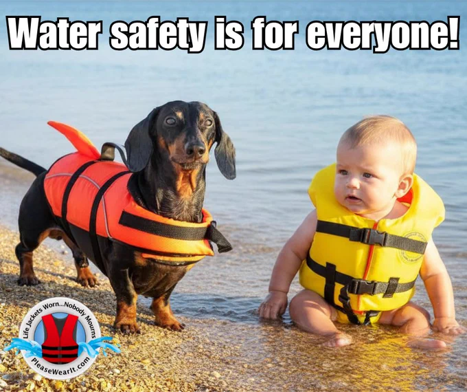 Water safety is for everyone - human babies and fur babies alike! Make sure your entire family is wearing a life jacket every time you\u2019re in, on, or near open water to ensure that your visit is great. @PleaseWearIt 